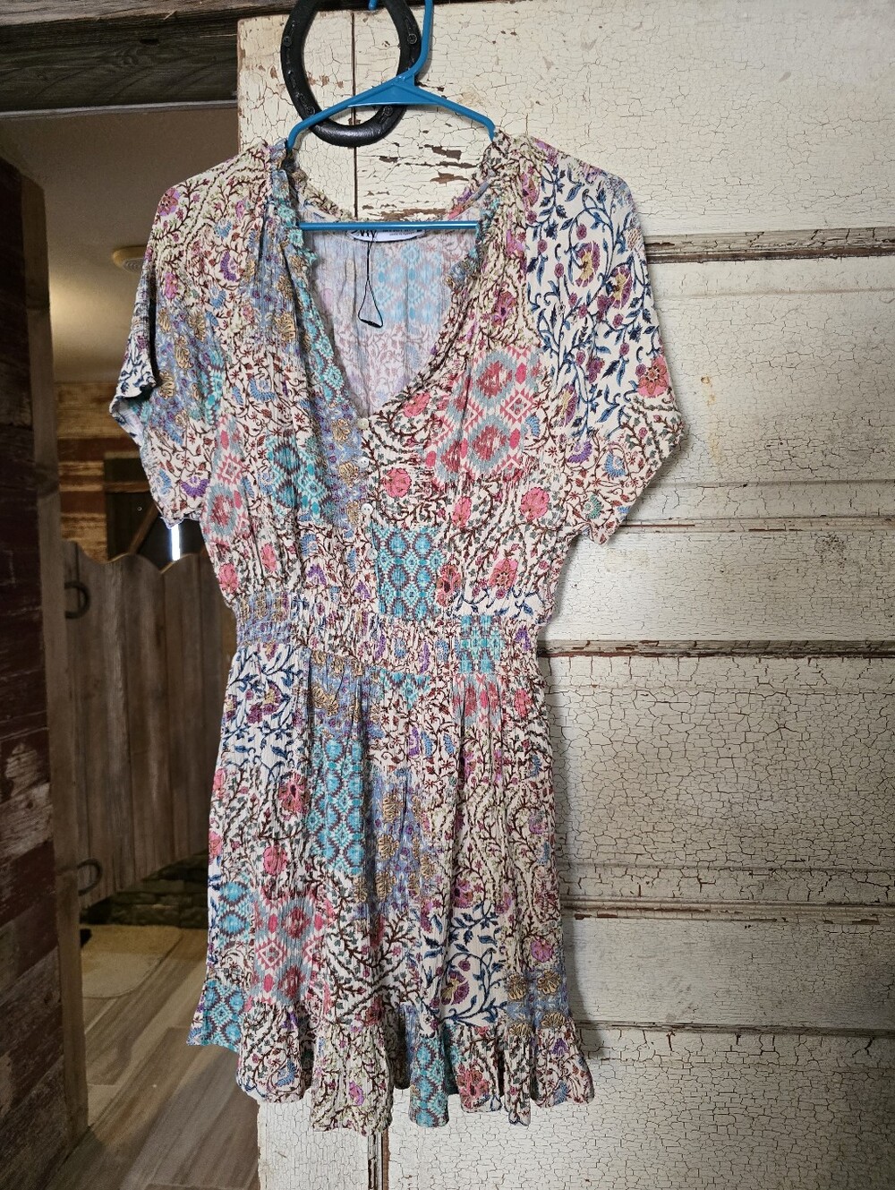 New Zara Mixed Fabric Patchwork.boho Aztec Dress Sz Small